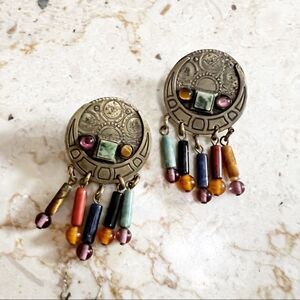 Marjorie Baer San Francisco 80’s Vintage Brass Metal Work and Gemstone Earrings